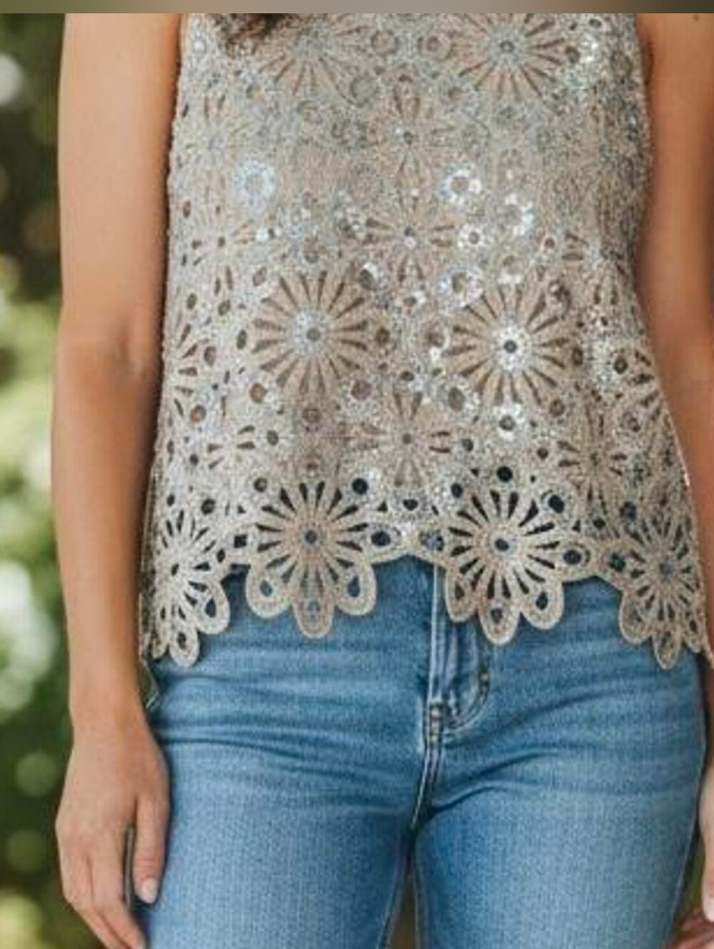 LC Lauren Conrad Sequin Floral Crochet Tank Top Cream Beige XS